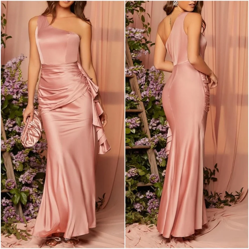 Luxurious Dusty Pink Glam One shoulder party formal evening dress - Picture 3 of 3